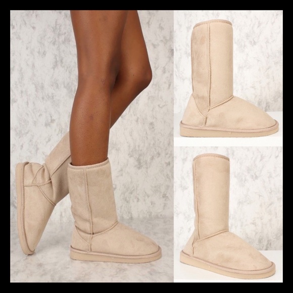 Shoes - Taupe Slip On Casual Flat Boots Suede.